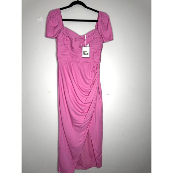 Self-Portrait Pink  Iris Puff-Sleeve Stretch Crepe Gathered Midi-Dress US 4 - Picture 9 of 14